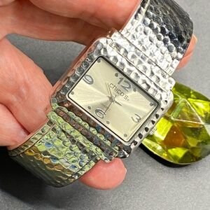 CHICO'S Hammered Silver Tone Hinged Bangle Watch